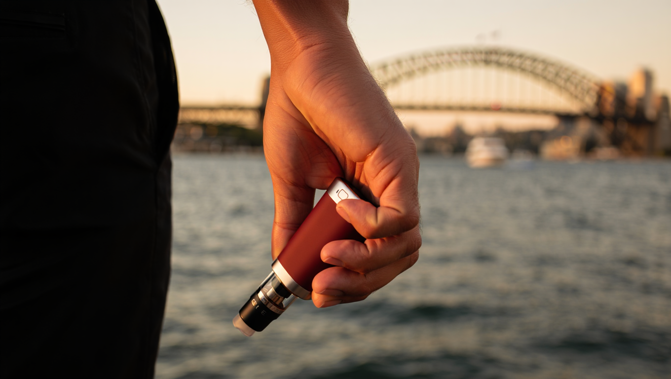 A stylish electronic vape device held in hand, with a modern city backdrop.