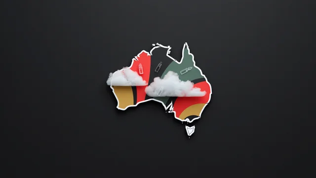 Stylised graphic representing the Australian vape landscape in 2025, featuring a map outline and vape icons